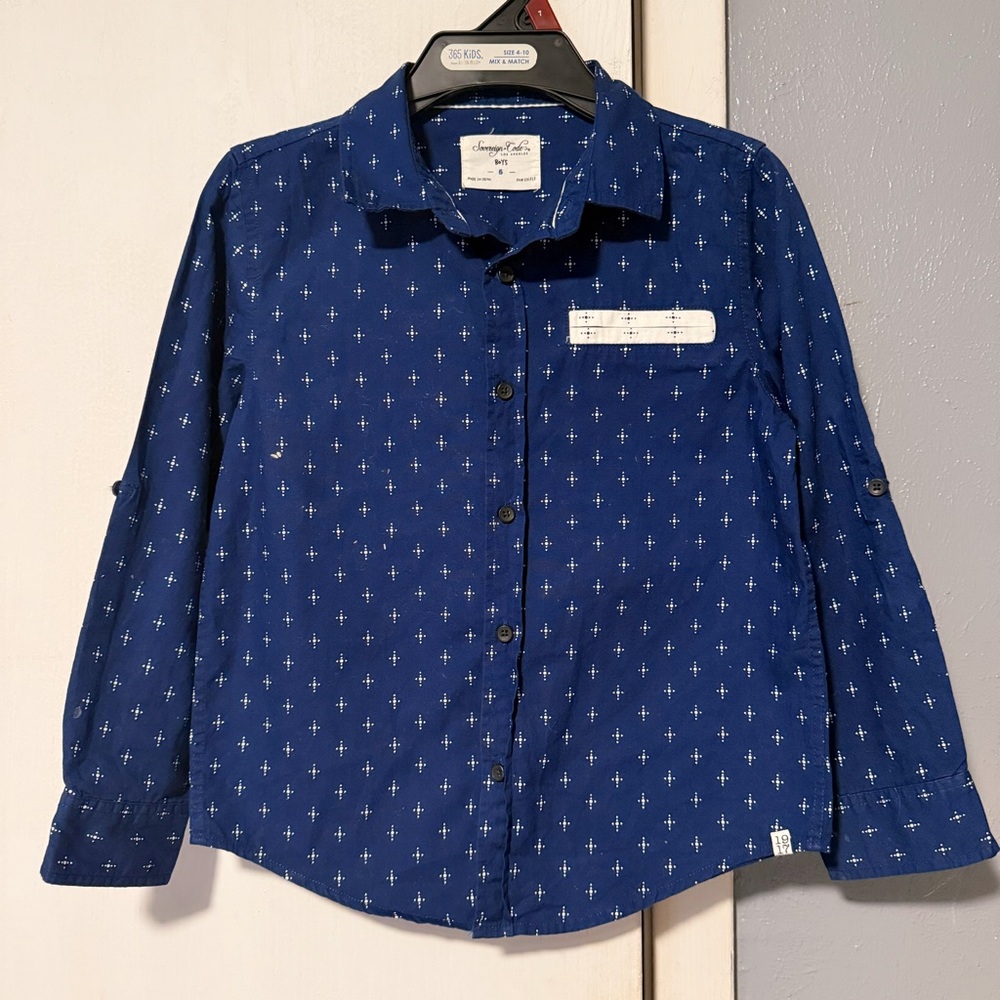 Boys Navy Blue Button-Up Shirt with White Cross Print